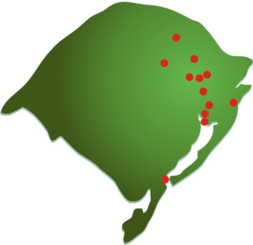 Mapa do Rio Grande do Sul com a localização dos Campi